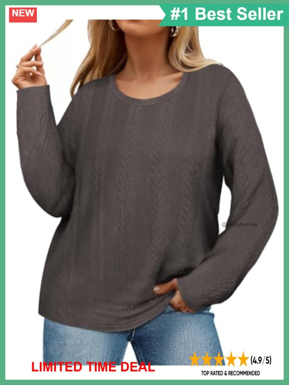 Plus Size Cable Knit Long Sleeve Pullover Sweater Lightweight Casual